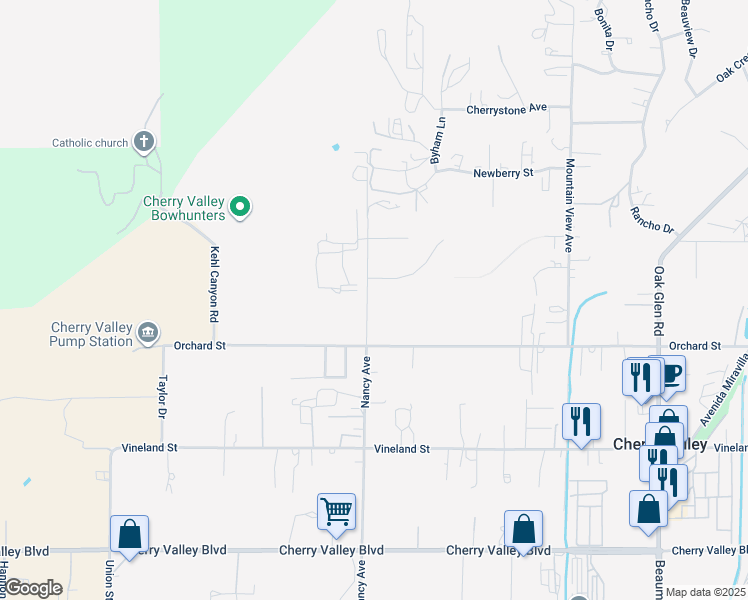 map of restaurants, bars, coffee shops, grocery stores, and more near 9870 Nancy Avenue in Cherry Valley