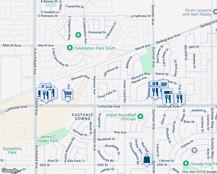 map of restaurants, bars, coffee shops, grocery stores, and more near 6048 Colonial Downs Street in Corona