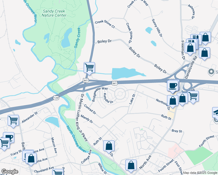 map of restaurants, bars, coffee shops, grocery stores, and more near 421 Bridgewater Way in Athens