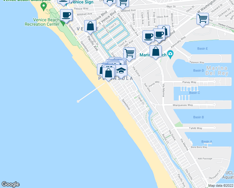 map of restaurants, bars, coffee shops, grocery stores, and more near 10 Speedway in Marina del Rey