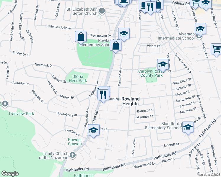 map of restaurants, bars, coffee shops, grocery stores, and more near 18220 Gallineta Street in Rowland Heights