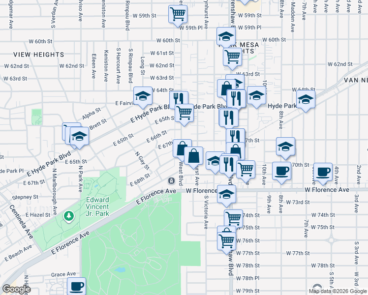 map of restaurants, bars, coffee shops, grocery stores, and more near 6714 West Boulevard in Los Angeles