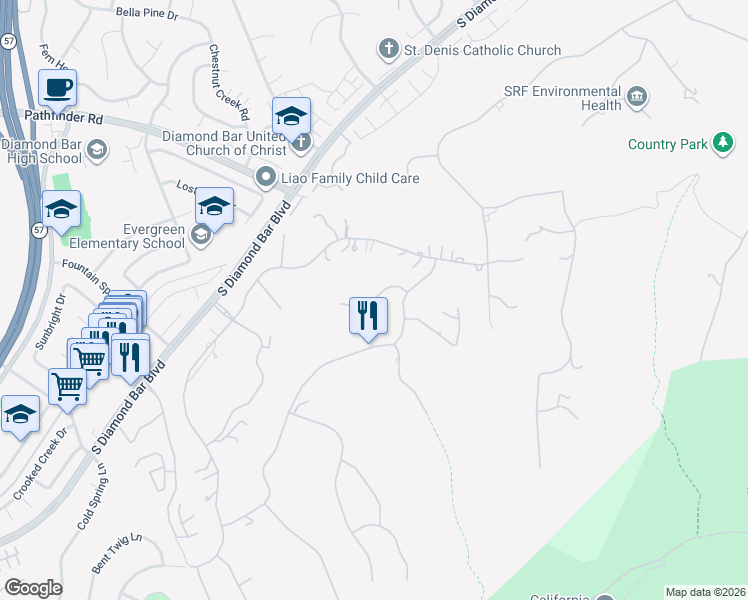 map of restaurants, bars, coffee shops, grocery stores, and more near 2559 Wagon Train Lane in Diamond Bar