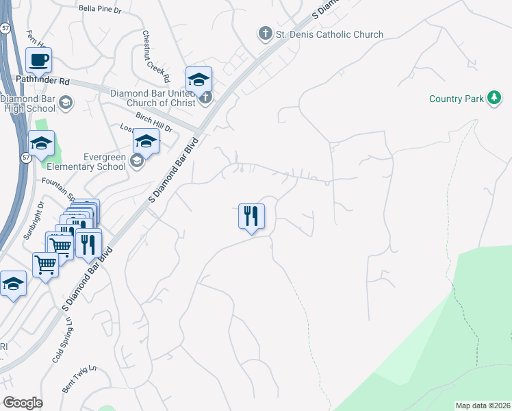 map of restaurants, bars, coffee shops, grocery stores, and more near 22138 Rim Fire Lane in Diamond Bar