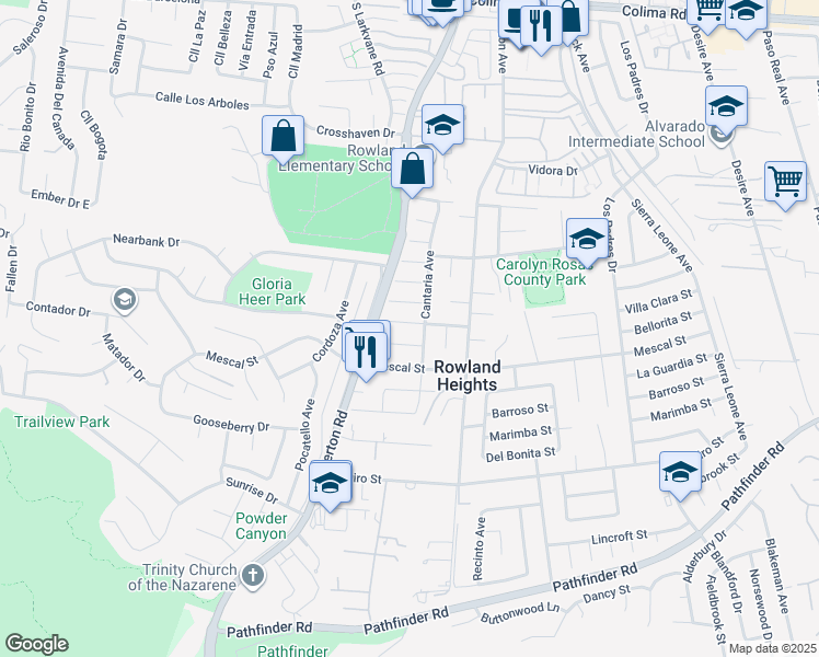 map of restaurants, bars, coffee shops, grocery stores, and more near 18240 Gallineta Street in Rowland Heights