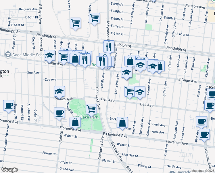 map of restaurants, bars, coffee shops, grocery stores, and more near 6609 California Ave in Bell
