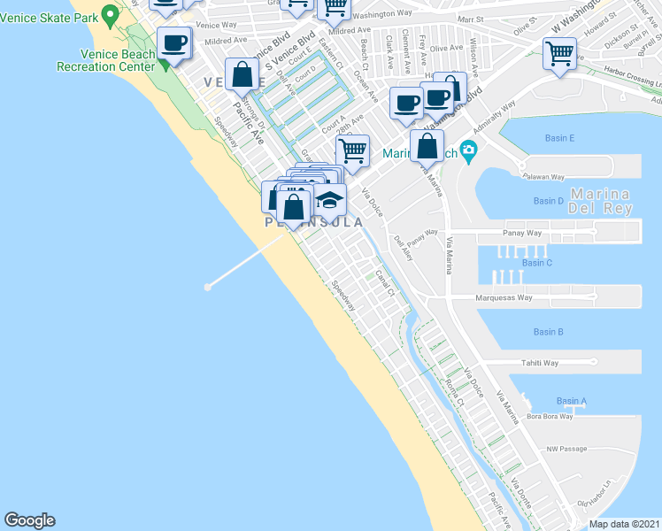 map of restaurants, bars, coffee shops, grocery stores, and more near 10 Speedway in Marina del Rey