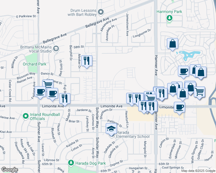 map of restaurants, bars, coffee shops, grocery stores, and more near 6070 Fairfax Drive in Eastvale