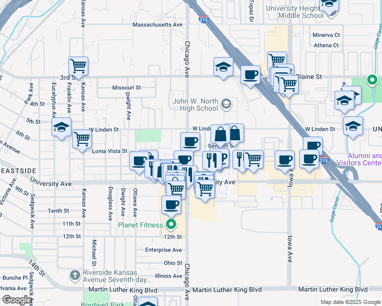 map of restaurants, bars, coffee shops, grocery stores, and more near 3598 Chicago Avenue in Riverside