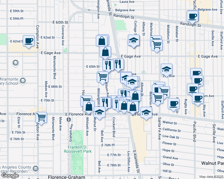 map of restaurants, bars, coffee shops, grocery stores, and more near 6820 Wilson Avenue in Los Angeles