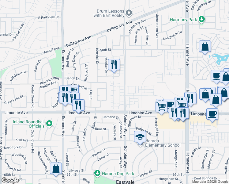 map of restaurants, bars, coffee shops, grocery stores, and more near 6048 Rosewood Way in Corona