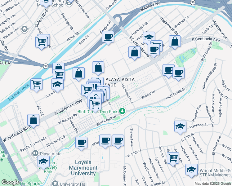 map of restaurants, bars, coffee shops, grocery stores, and more near 12665 Village Lane in Los Angeles