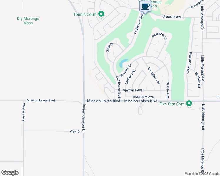 map of restaurants, bars, coffee shops, grocery stores, and more near 9668 Spyglass Avenue in Desert Hot Springs