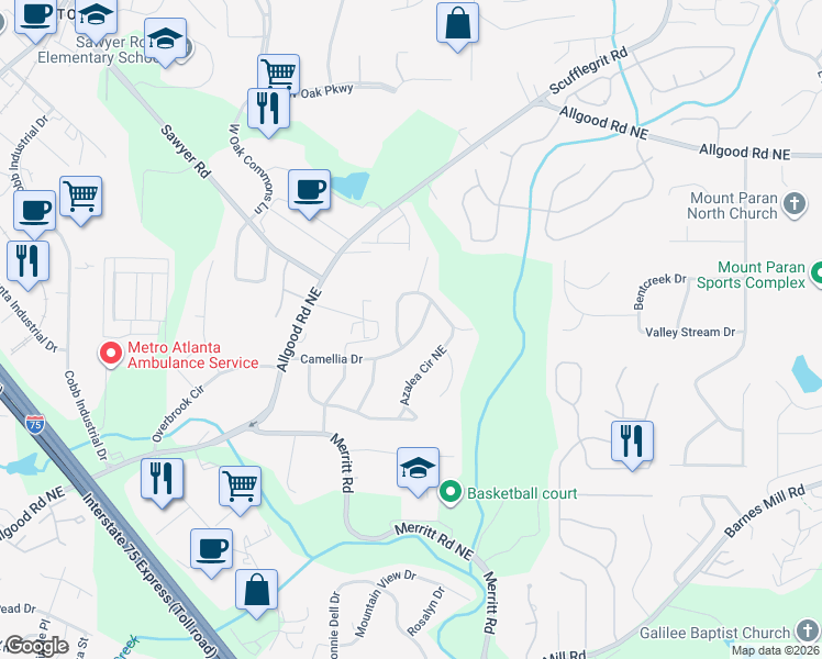map of restaurants, bars, coffee shops, grocery stores, and more near 1155 Camellia Drive in Marietta