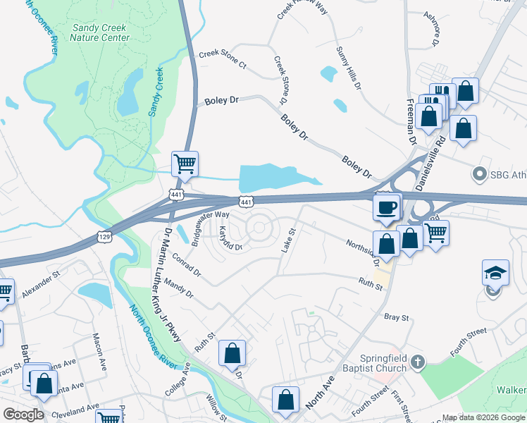 map of restaurants, bars, coffee shops, grocery stores, and more near 130 Bridgewater Circle in Athens