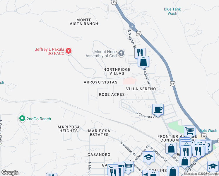map of restaurants, bars, coffee shops, grocery stores, and more near 2 North Poppy Street in Wickenburg