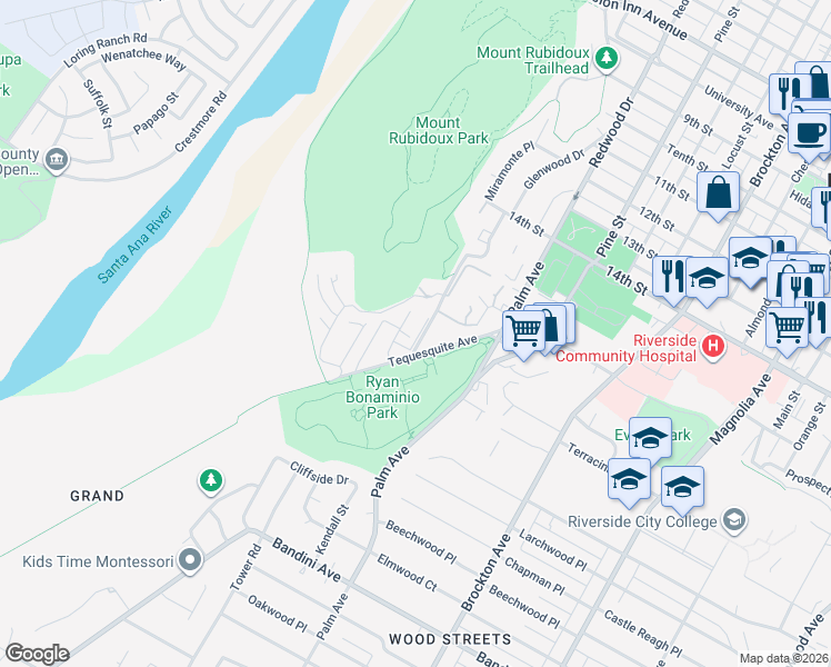 map of restaurants, bars, coffee shops, grocery stores, and more near 4687 Knickerbocker Lane in Riverside