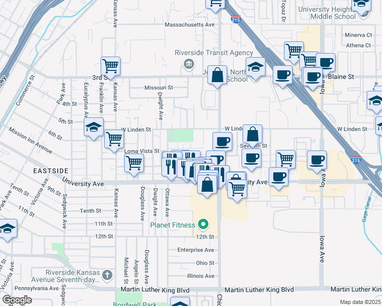 map of restaurants, bars, coffee shops, grocery stores, and more near 1806 Loma Vista Street in Riverside