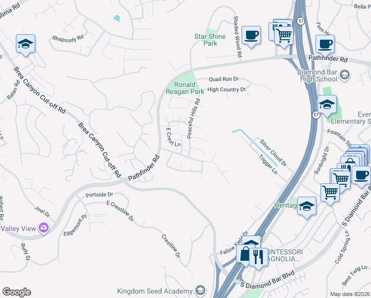 map of restaurants, bars, coffee shops, grocery stores, and more near 2644 South Quarry Lane in Walnut