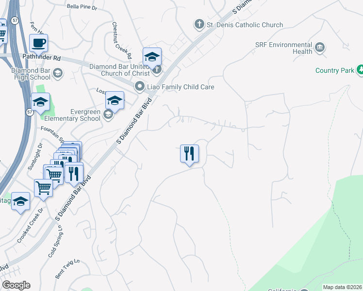 map of restaurants, bars, coffee shops, grocery stores, and more near 22127 Rim Fire Lane in Diamond Bar