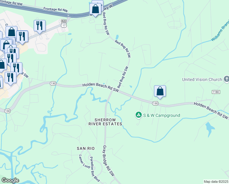 map of restaurants, bars, coffee shops, grocery stores, and more near 442 Holden Beach Road Southwest in Shallotte