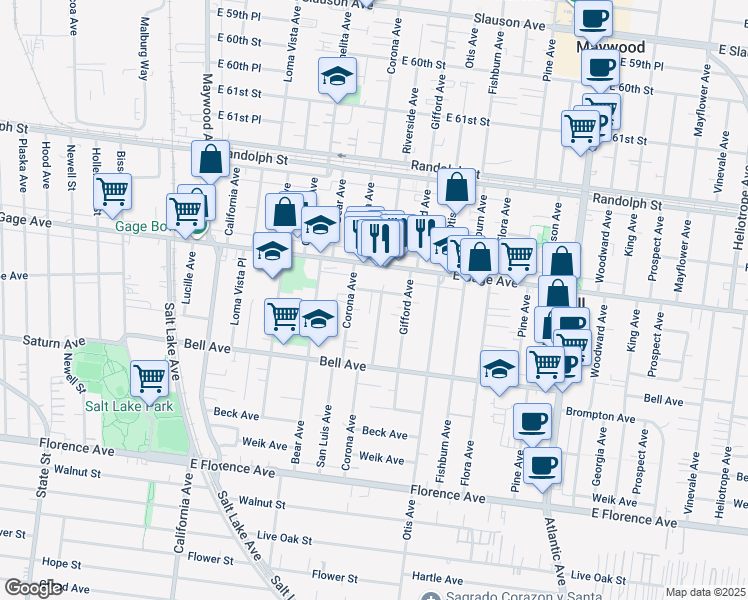 map of restaurants, bars, coffee shops, grocery stores, and more near 4027 Acacia Street in Bell