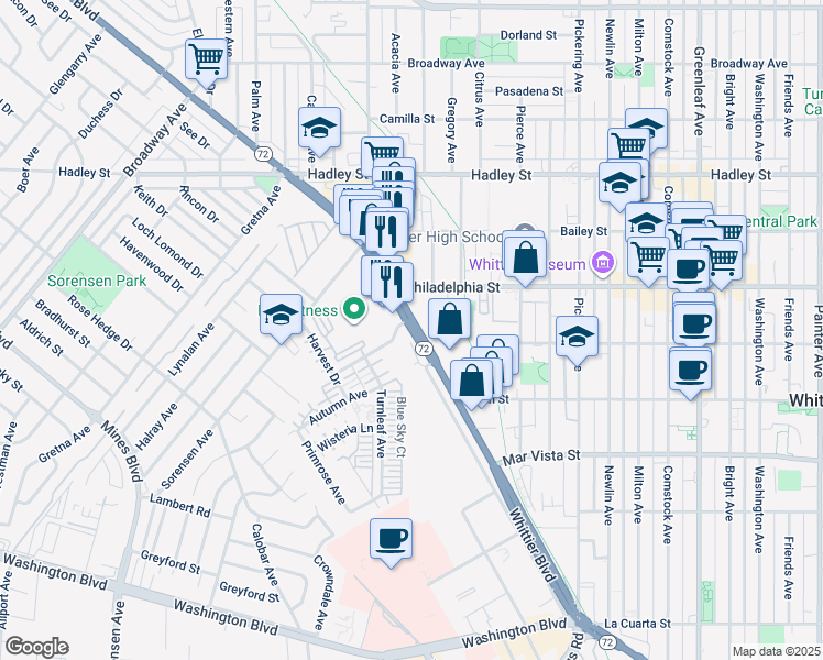 map of restaurants, bars, coffee shops, grocery stores, and more near 12020 Whittier Boulevard in Whittier