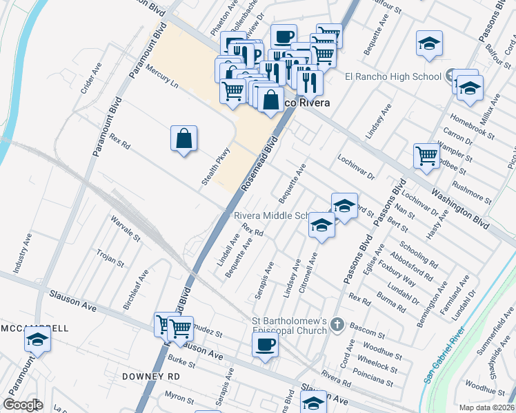 map of restaurants, bars, coffee shops, grocery stores, and more near 9033 Burma Road in Pico Rivera