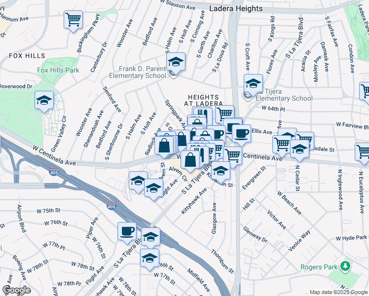 map of restaurants, bars, coffee shops, grocery stores, and more near 6771 Springpark Avenue in Los Angeles