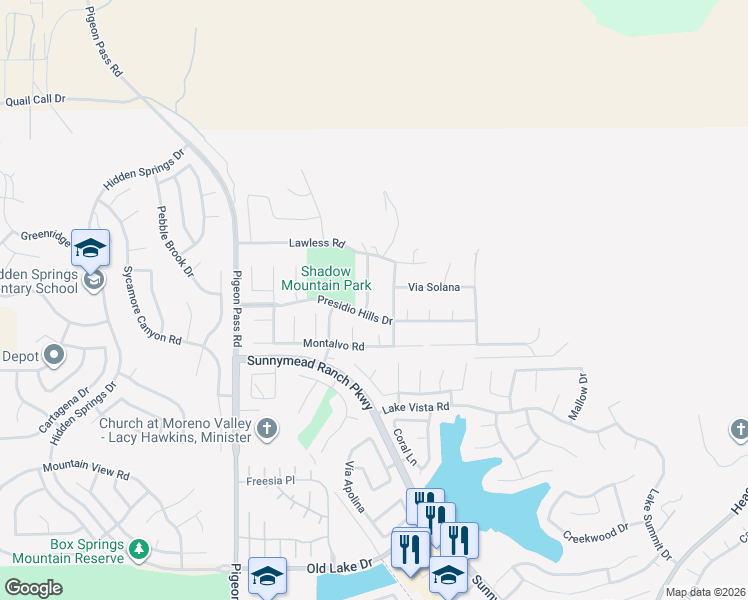 map of restaurants, bars, coffee shops, grocery stores, and more near 9817 Espada Creek Road in Moreno Valley