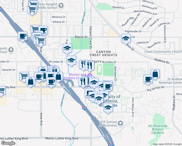 map of restaurants, bars, coffee shops, grocery stores, and more near in Riverside