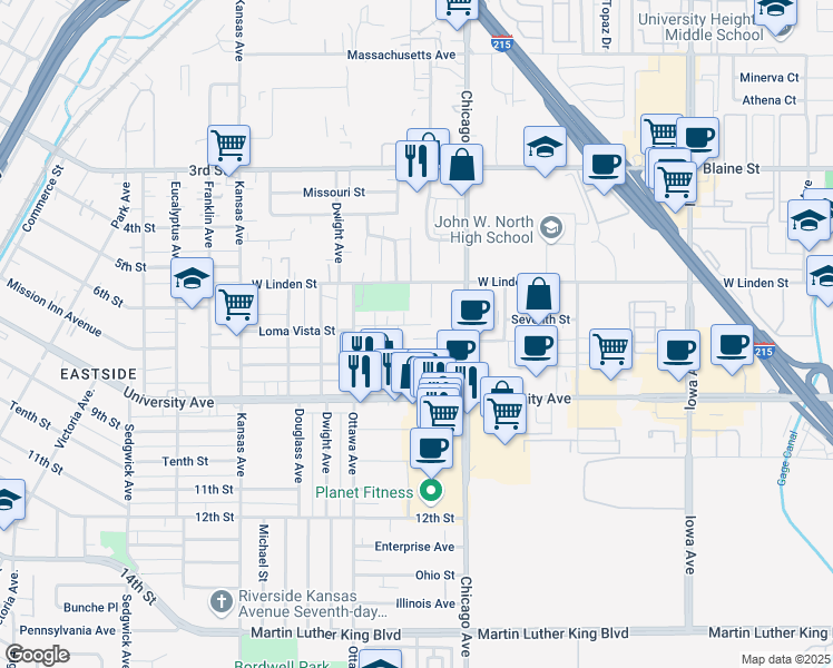 map of restaurants, bars, coffee shops, grocery stores, and more near 1817 Loma Vista Street in Riverside