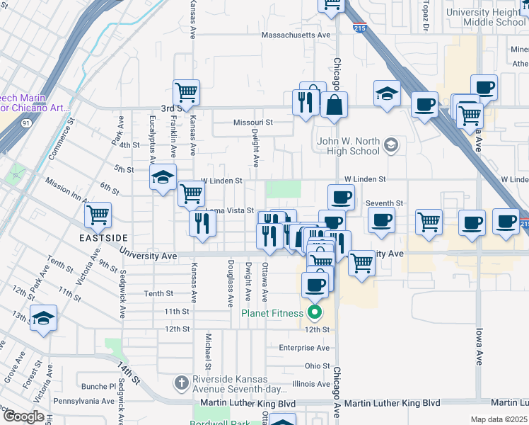 map of restaurants, bars, coffee shops, grocery stores, and more near 1881 Loma Vista Street in Riverside