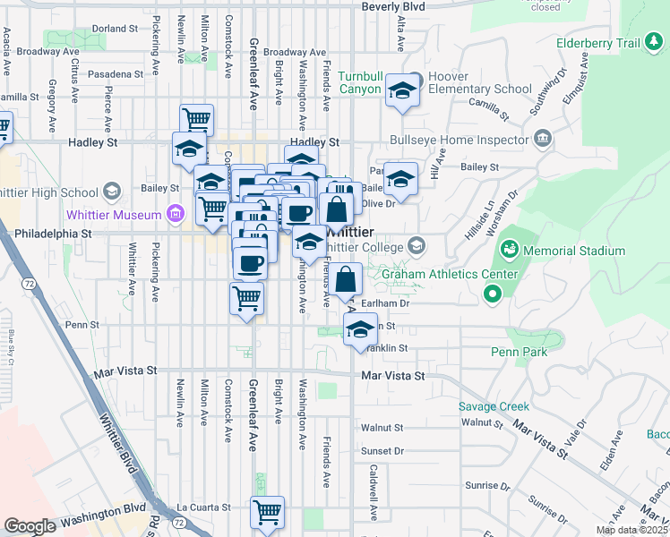 map of restaurants, bars, coffee shops, grocery stores, and more near 7036 Friends Avenue in Whittier