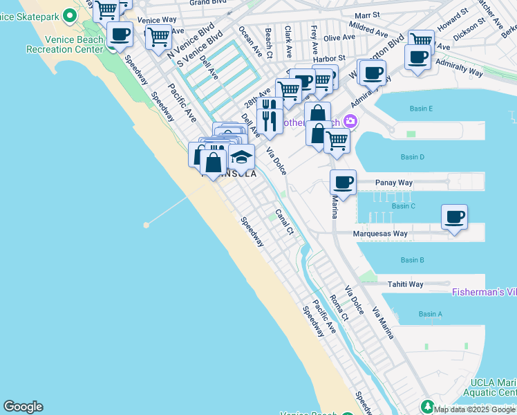 map of restaurants, bars, coffee shops, grocery stores, and more near 3400 Pacific Avenue in Marina del Rey