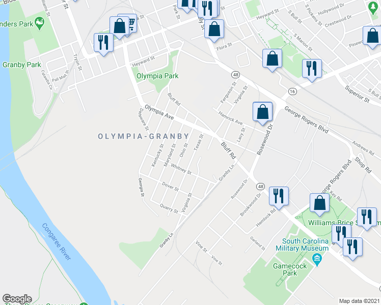 map of restaurants, bars, coffee shops, grocery stores, and more near 913 Texas Street in Columbia
