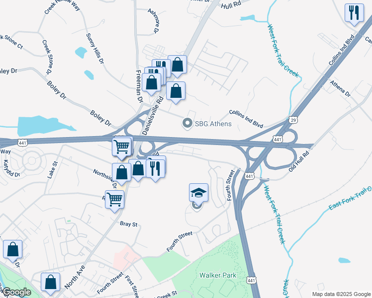 map of restaurants, bars, coffee shops, grocery stores, and more near 205 Old Hull Road in Athens