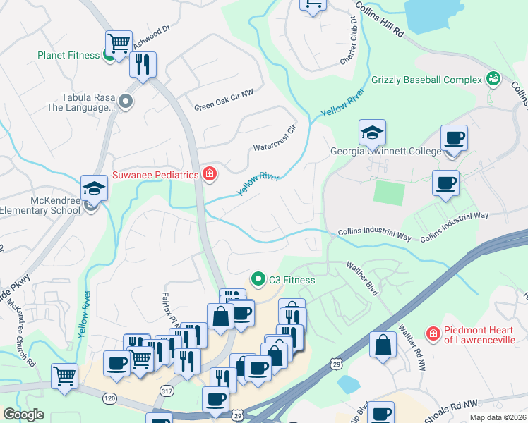 map of restaurants, bars, coffee shops, grocery stores, and more near 470 River Overlook Drive Northwest in Lawrenceville