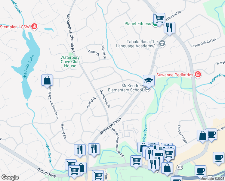 map of restaurants, bars, coffee shops, grocery stores, and more near 1370 Wheatfield Drive in Lawrenceville