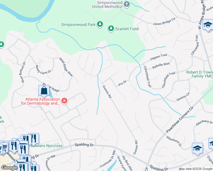 map of restaurants, bars, coffee shops, grocery stores, and more near 4170 Gunnin Road in Norcross
