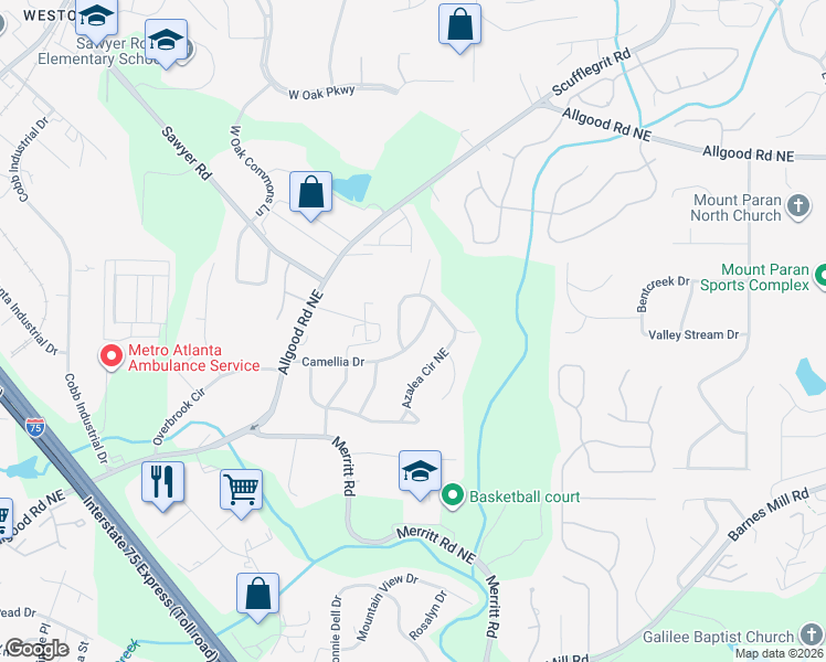 map of restaurants, bars, coffee shops, grocery stores, and more near 1155 Camellia Drive in Marietta