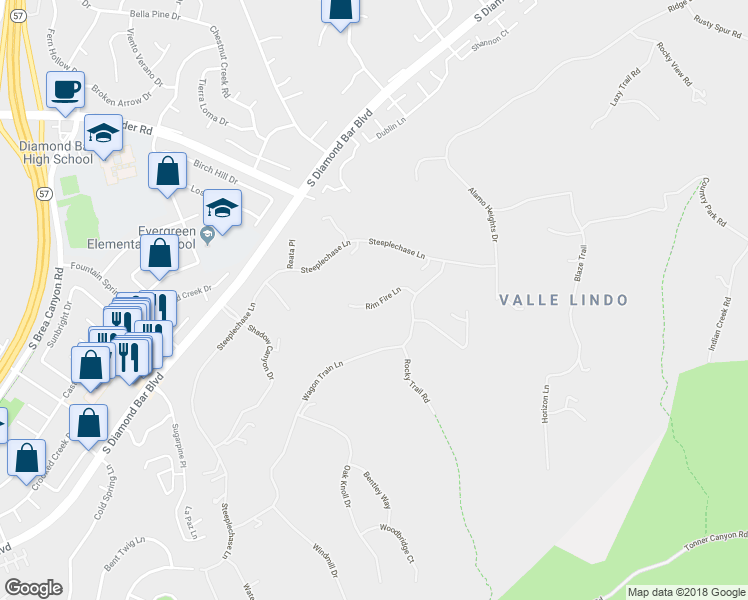map of restaurants, bars, coffee shops, grocery stores, and more near 22189 Rim Fire Lane in Diamond Bar