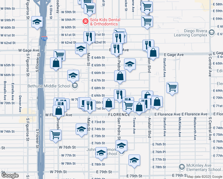 map of restaurants, bars, coffee shops, grocery stores, and more near 234 East 68th Street in Los Angeles