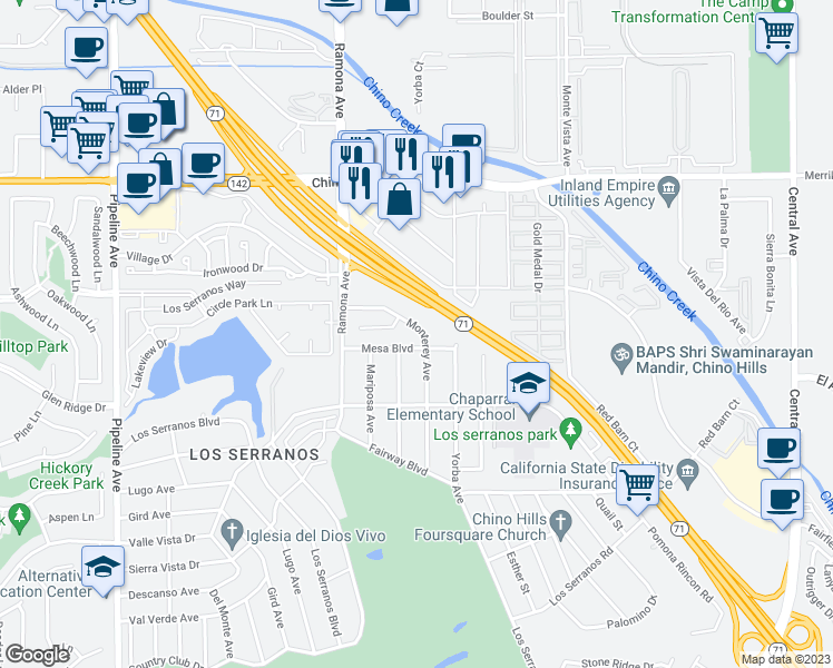 map of restaurants, bars, coffee shops, grocery stores, and more near 15174 Monterey Avenue in Chino Hills