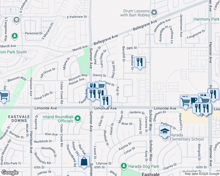 map of restaurants, bars, coffee shops, grocery stores, and more near 6084 Holland Court in Corona