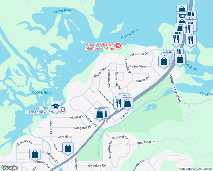 map of restaurants, bars, coffee shops, grocery stores, and more near 215 Forrestine Avenue in Gadsden