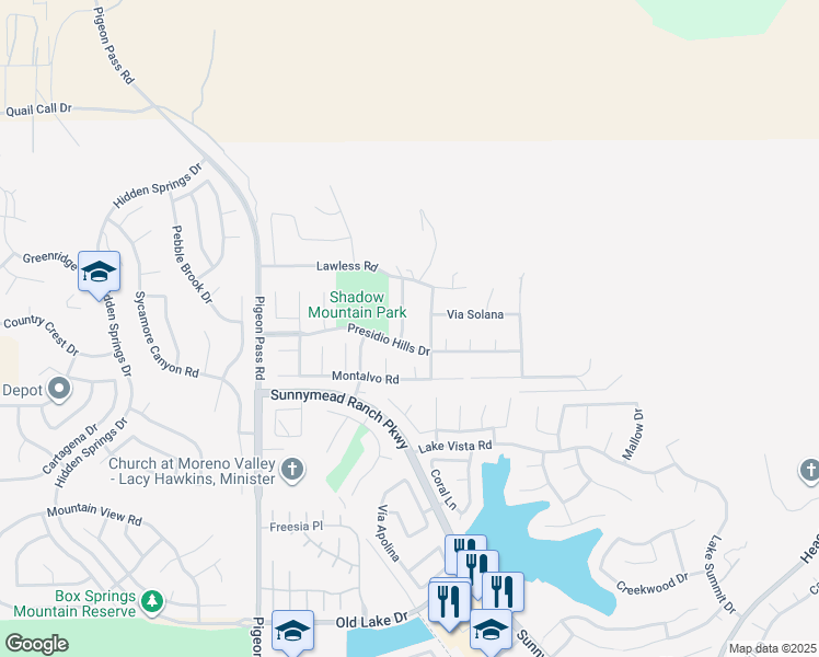 map of restaurants, bars, coffee shops, grocery stores, and more near 9817 Espada Creek Road in Moreno Valley