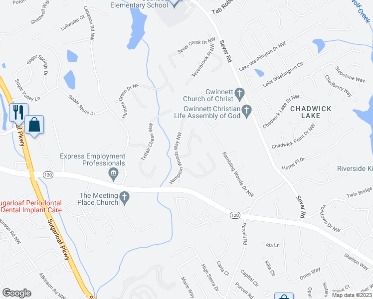 map of restaurants, bars, coffee shops, grocery stores, and more near 1594 Hampton Hollow Trail in Lawrenceville