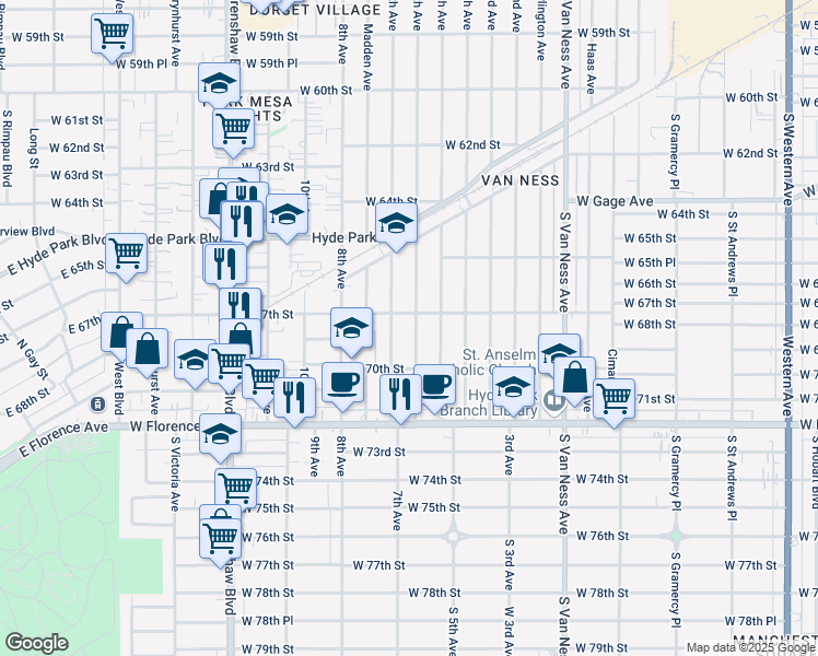 map of restaurants, bars, coffee shops, grocery stores, and more near 6715 6th Avenue in Los Angeles