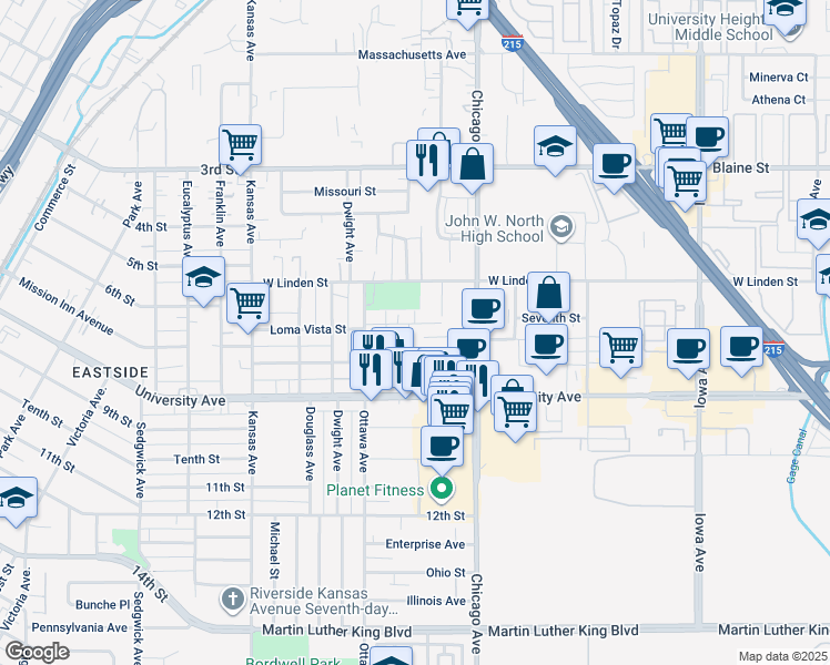map of restaurants, bars, coffee shops, grocery stores, and more near 1806 Loma Vista Street in Riverside